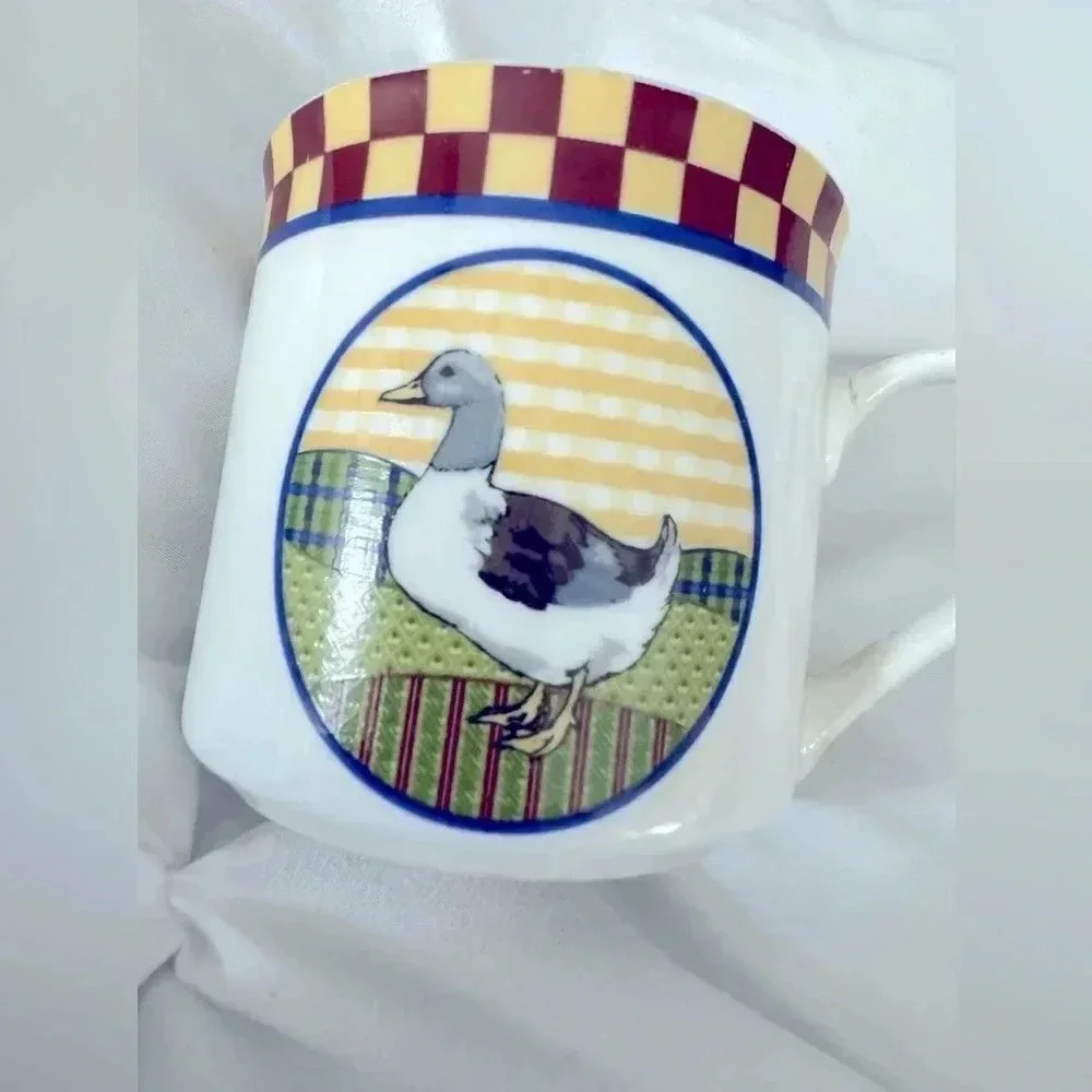 Vintage Goose Duck Bird Coffee Mug Cup Checkered Border 90’s Country Farmhouse